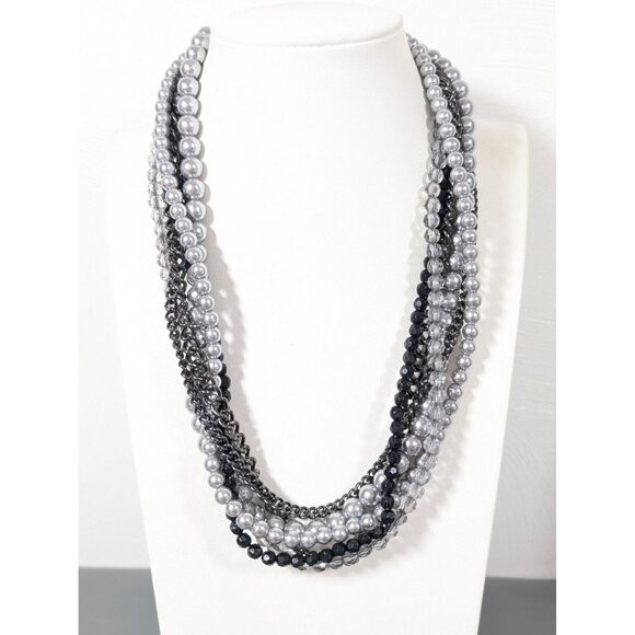Premier Designs Main Event Necklace Gray Black Bead Multi Chain Faux Pearl 22" - Picture 1 of 9